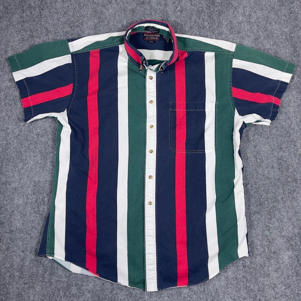 Roundtree & Yorke Stripe Button Down Mens L Multicolor Canyon Cloth Short Sleeve